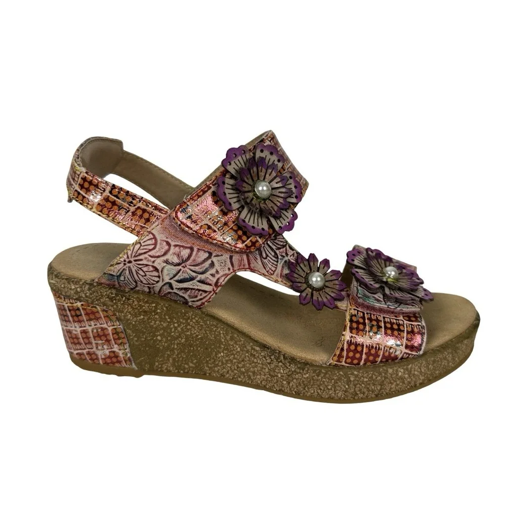 L'artiste Radd Geo Prm Wedge Sandals Heels Multicolor Leather Flower Sz 38/7.5-8